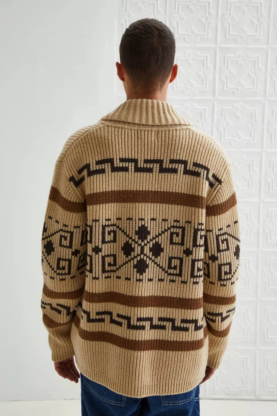 Sweter męski rozpinany we wzory z kołnierzem i długim rękawem