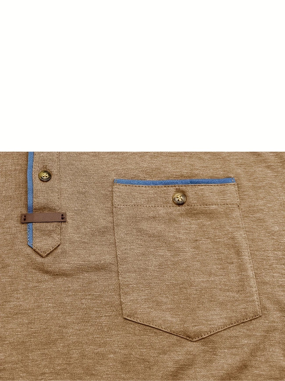 Koszulka męska z krótkim rękawem dekoltem henley i kieszenią - Khaki