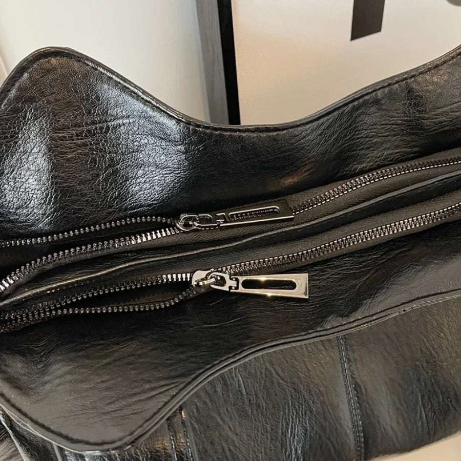 Torebka damska shopper duża z dwoma uchwytami i kieszeniami na suwak - Czarny
