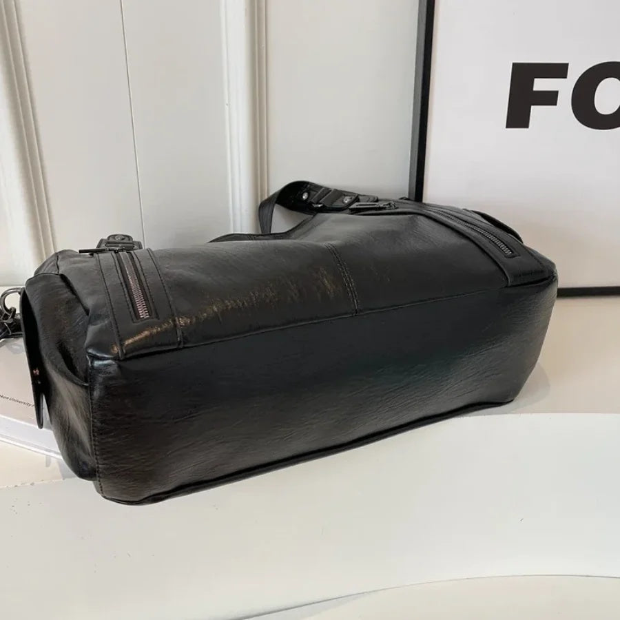Torebka damska shopper duża z dwoma uchwytami i kieszeniami na suwak - Czarny